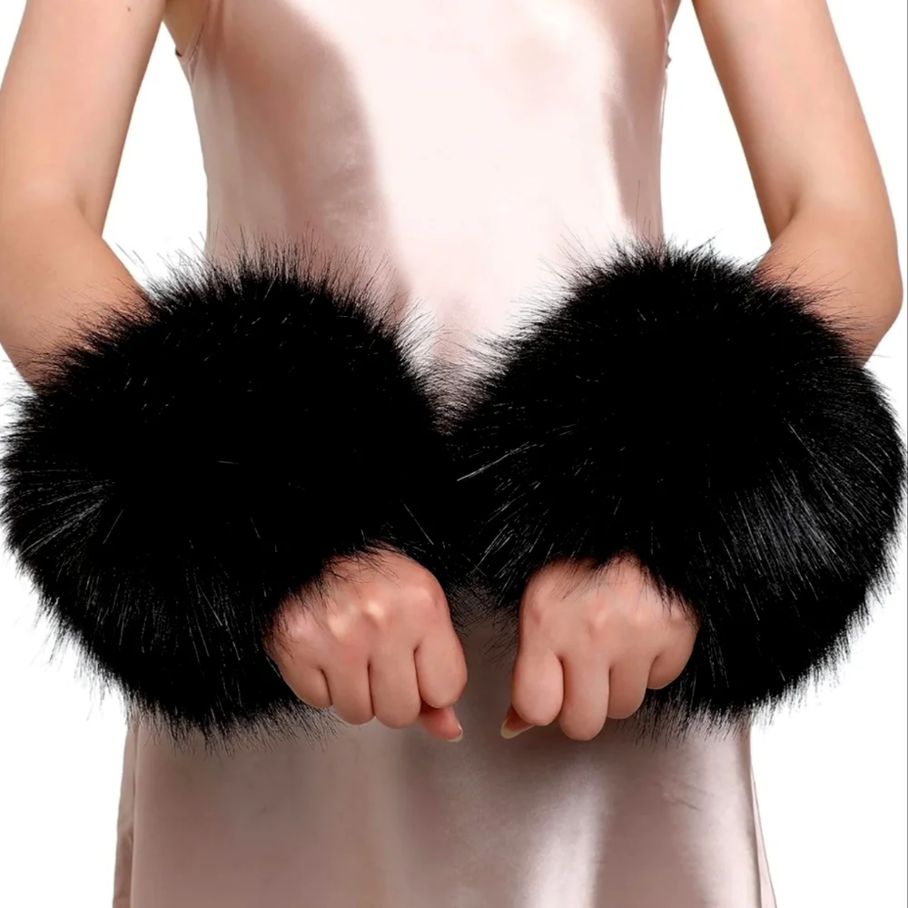 Black Faux Fur Cuffs Elegant Versitile Classy Sophistication Chic Fall Winter - Picture 2 of 3